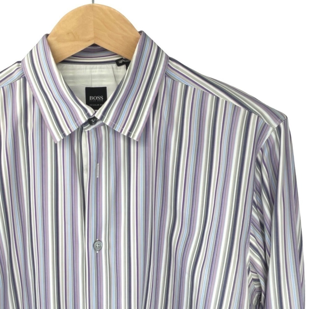 HUGO BOSS Regular Fit Mens Purple White Stripe Shirt Regular Fit Size XL Trim